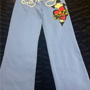 Ed Hardy Powder Blue Wide Leg Jeans with Red Heart Graphic